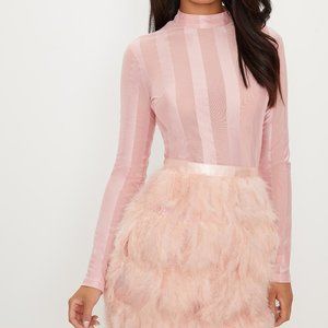 DUSTY PINK FEATHER SKIRT BODYCON DRESS, S/M - USA 6